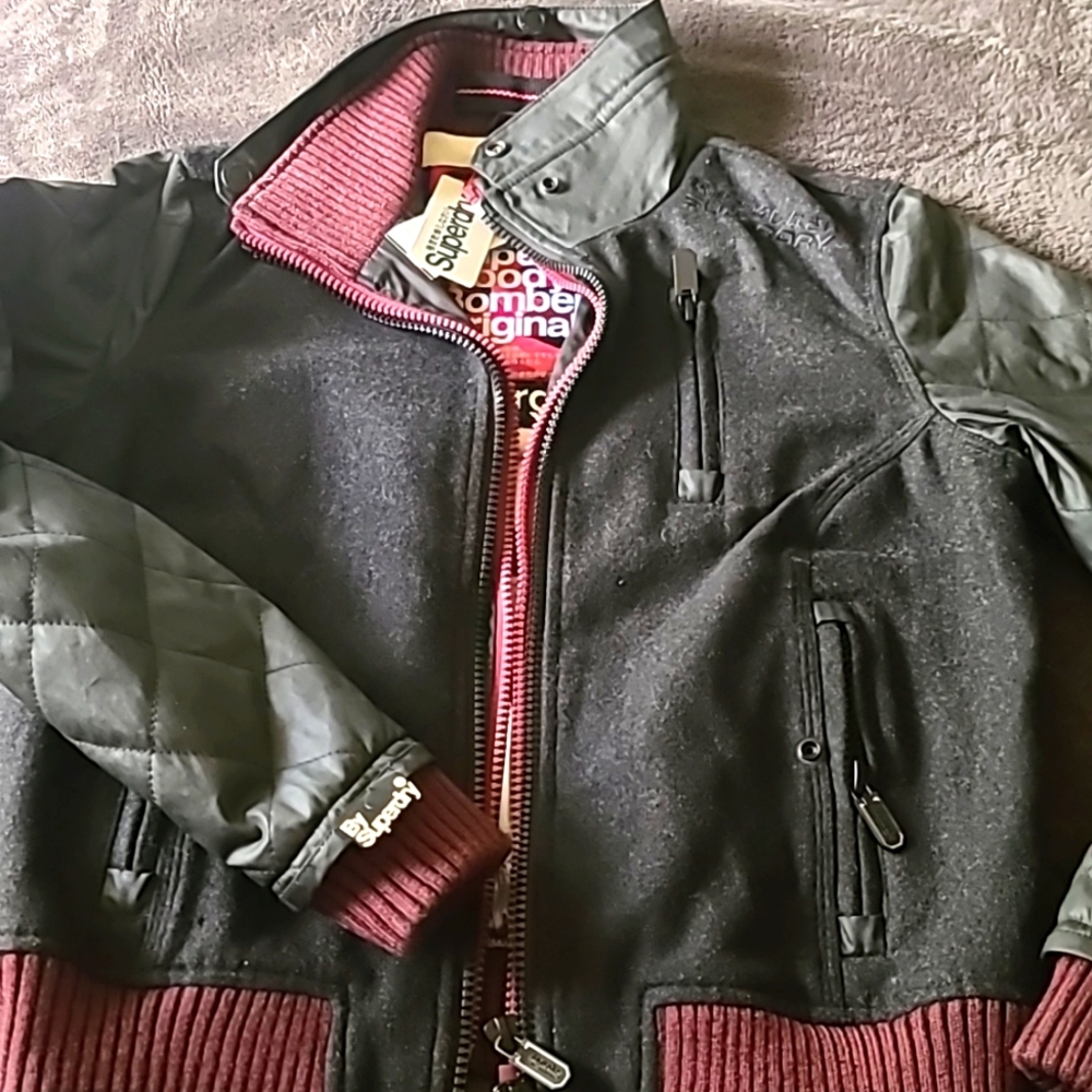 Superdry Men's Black Bomber Jacket with Burgundy Trim